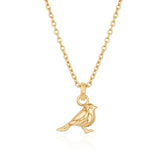 A gold necklace with a charm pendant in the shape of a Robin bird, displayed on a white background.